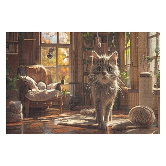 Puzzles for Adults 300 Pieces - Cat Sits Floor Looks Camera Challenging Gift for Puzzle Lovers, Fun Time with Friends, Displayable Wall Decor