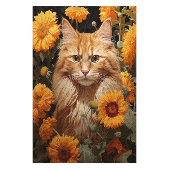 Puzzles for Adults 300 Pieces - Cat That Is Sitting Field Flowers Funny Puzzle Unique Difficult and Challenge Large Puzzle Game Toys Gift