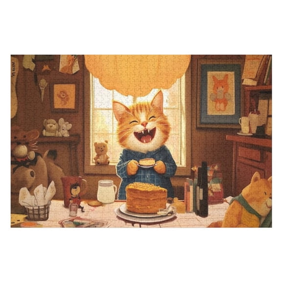 Puzzles for Adults 300 Pieces - Cat That Is Sitting Table With Cake Funny Puzzles Challenging Brain Exercise, for Puzzle Lovers Gift