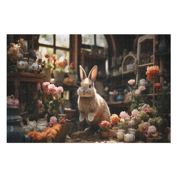 Puzzles for Adults 300 Pieces - Cute Rabbit Sits Indoors Surrounded By Flowers Celebrating Spring Funny Challenging Puzzle Perfect for Game Nights