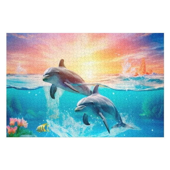 Puzzles for Adults 300 Pieces - Dolphins Swimming Sunset Puzzle Christmas Perfect for Relaxation Activity Difficult Challenging Puzzles
