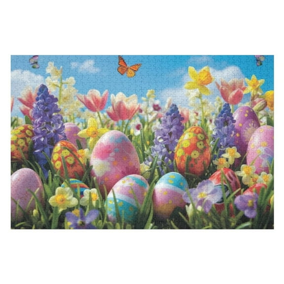 Puzzles for Adults 300 Pieces - Easter Eggs Nestled Grass With Flowers Butterfly Natural Landscape Funny Challenging Puzzle Perfect for Game Nights
