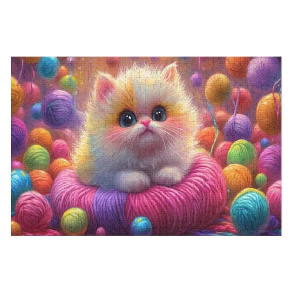 Puzzles for Adults 300 Pieces - Fluffy Kitten With Yarn Balls Colorful Scene Funny Family Interactive for Puzzles Club Decor Or Gifts for Friends