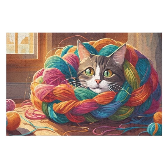 Puzzles for Adults 300 Pieces - Funny Cat Wrapped In Yarn Cartoon Funny Puzzle - Unique Brain Teaser, for Puzzle Enthusiasts