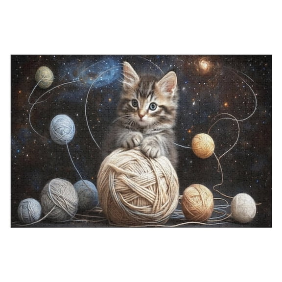 Puzzles for Adults 300 Pieces - Kitten Exploring Universe Yarn Fun Brain Puzzle Lovers Challenging and Relaxing Gifts Idea