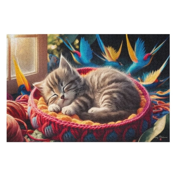 Puzzles for Adults 300 Pieces - Kitten Sleeping Basket With Bird Funny Puzzles Educational Toys, Birthday Christmas Valentine's Day Gift