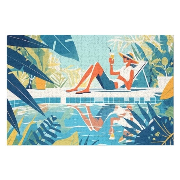 Puzzles for Adults 300 Pieces - Man Enjoying Cocktail Pool Tropical Holiday Funny Challenging Puzzle Perfect for Game Nights