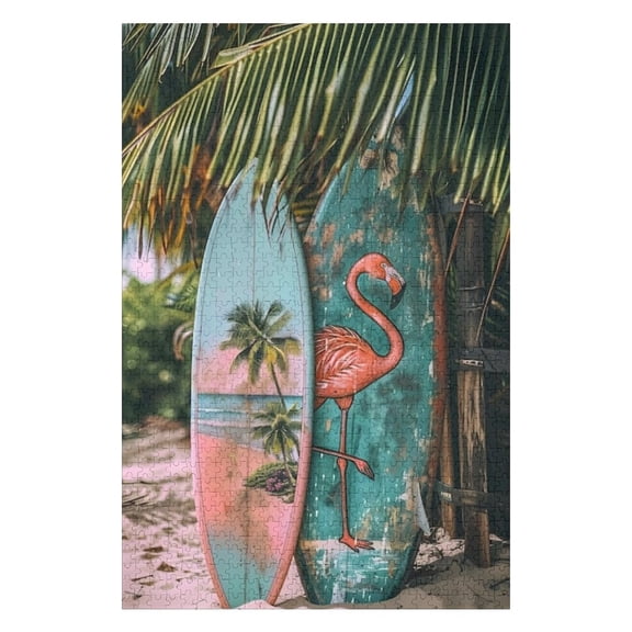 Puzzles for Adults 300 Pieces - Pink Flamingo Surfboard With Palm Trees Funny Puzzles Challenging Brain Exercise, for Puzzle Lovers Gift