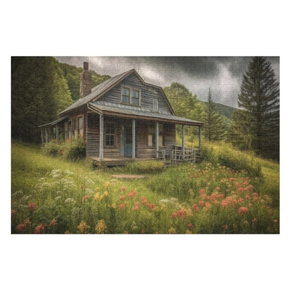Puzzles for Adults 300 Pieces - Rural Scene With Log Cabin Meadow Funny Challenging Puzzle Brain Teaser Activity Perfect for Game Nights