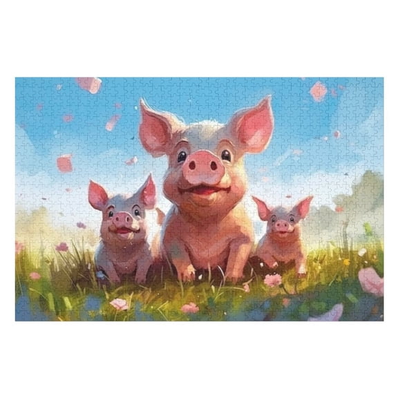 Puzzles for Adults 300 Pieces - Summer Meadow Cute Pig Family Funny Family Interactive for Puzzles Club Decor Or Gifts for Friends