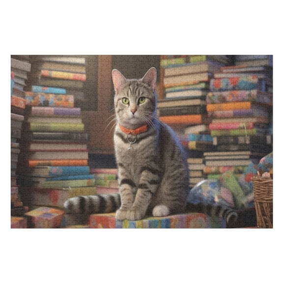 Puzzles for Adults 300 Pieces - Tabby Cat With Orange Collar Sitting Bookshelf Funny Puzzle Educational Learning Toys for Girls and Boys