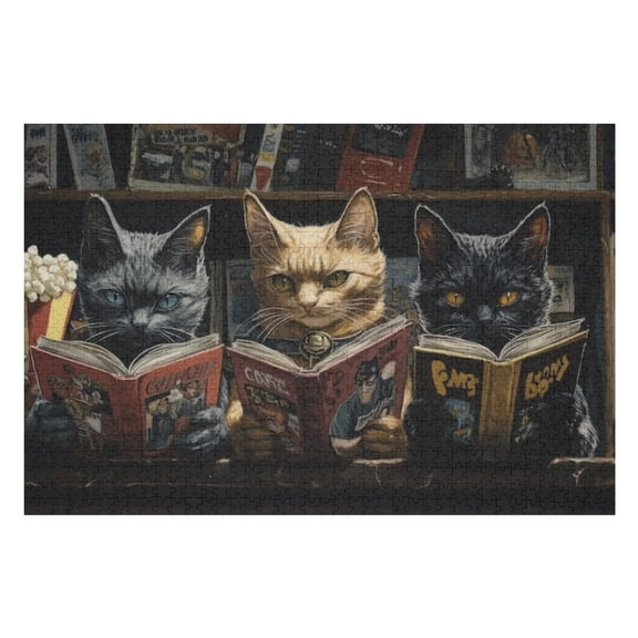 Puzzles for Adults 300 Pieces - Three Cats Reading Book Funny Puzzle Unique Difficult and Challenge Large Puzzle Game Toys Gift