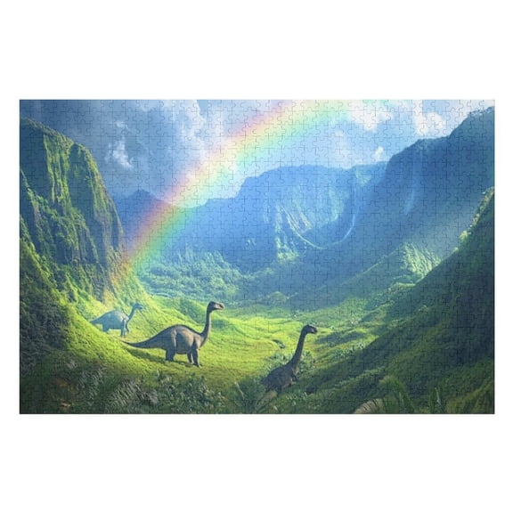 Puzzles for Adults 300 Pieces - Three Dinosaurs Stand Lush Valley With Rainbow Sky Funny Puzzles Gift for Birthday Wedding Christmas Halloween