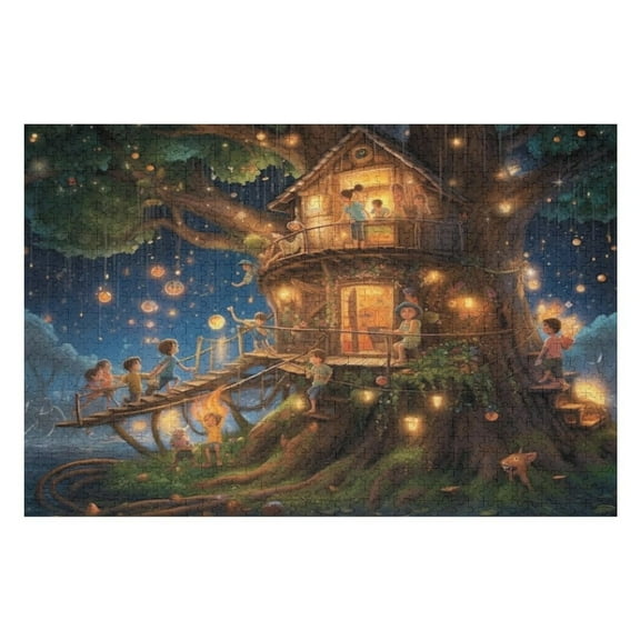 Puzzles for Adults 300 Pieces - Tree House With People Bridge Tree Funny Challenging Puzzle Perfect for Game Nights