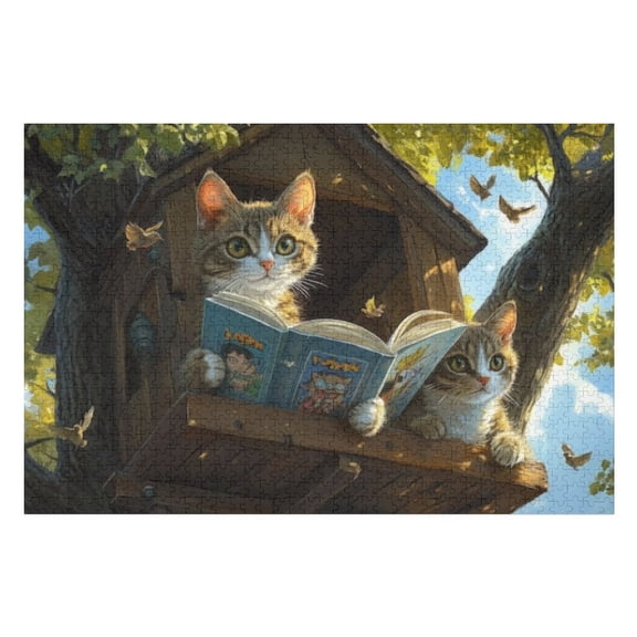 Puzzles for Adults 300 Pieces - Two Cats Reading Book Puzzle Challenging Educational Toys Puzzles Reduced Pressure Gift