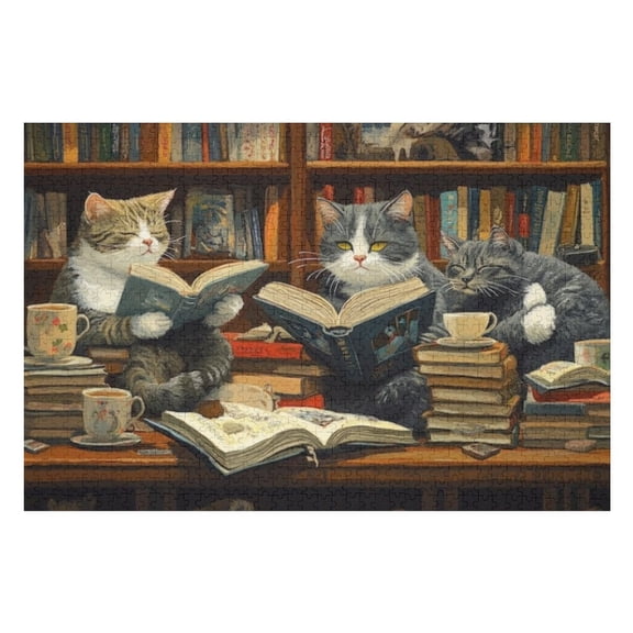 Puzzles for Adults 300 Pieces - Two Cats Reading Book Puzzle Challenging Educational Toys Puzzles Reduced Pressure Gift