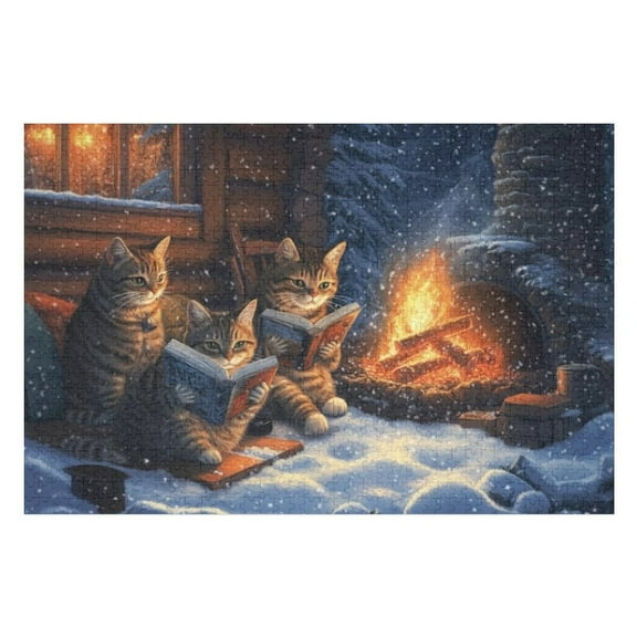 Puzzles for Adults 300 Pieces - Two Cats Sitting Front Fire Perfect Interlocking Clear Printing - Adults Educational Puzzle Gift Ideal