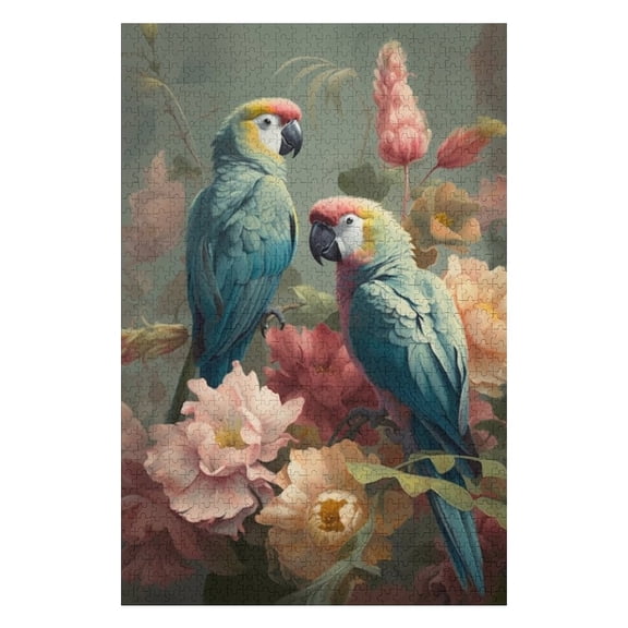 Puzzles for Adults 300 Pieces - Two Parrots Sitting Branch Tree With Flowers Funny Challenging Puzzle Perfect for Game Nights