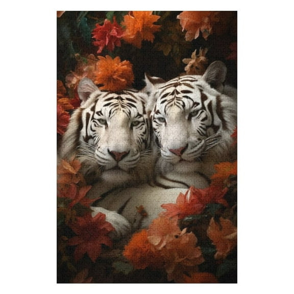 Puzzles for Adults 300 Pieces - Wild White Tigers With Leaves Puzzle Challenging Educational Toys Puzzles Reduced Pressure Gift
