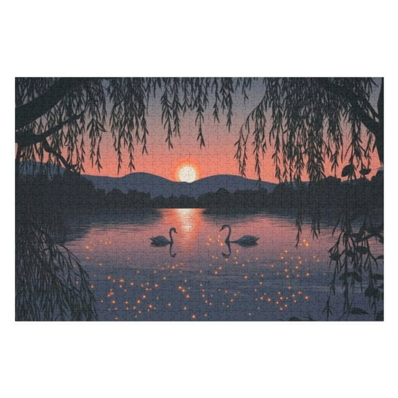 Puzzles for Adults 300 Pieces - Willow Tree Overlooking Lake With Swans Fireflies Sunset Funny Jigsaw Puzzles Learning & Fun Educational Toys Gift