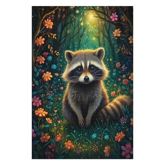 Puzzles for Adults 500 Pieces - A Raccoon Surrounded By Flowers And Trees Funny Puzzle Unique Difficult and Challenge Large Puzzle Game Toys Gift