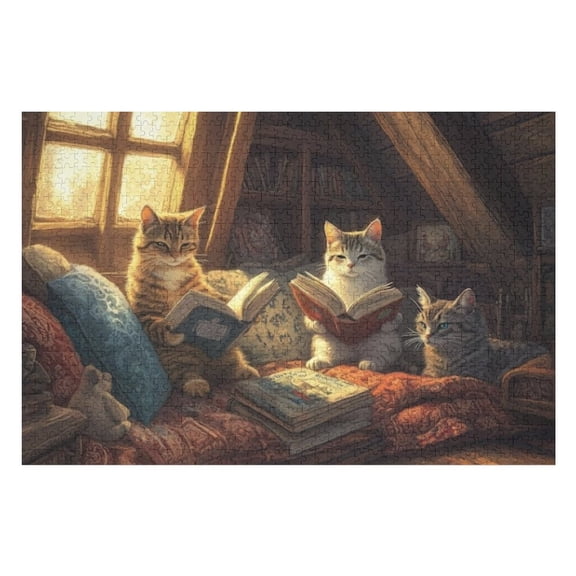 Puzzles for Adults 500 Pieces - Cats Sitting Couch Reading Book Funny Inspirational Wooden Jigsaw Puzzles for Family Activities Games