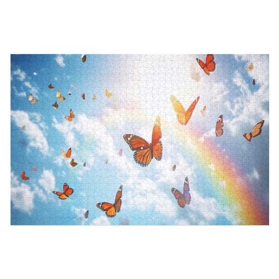 Puzzles for Adults 500 Pieces - Colorful Rainbow Sky With Shining Sun Flying Butterflies Funny Challenging Jigsaw Puzzle Perfect for Game Nights