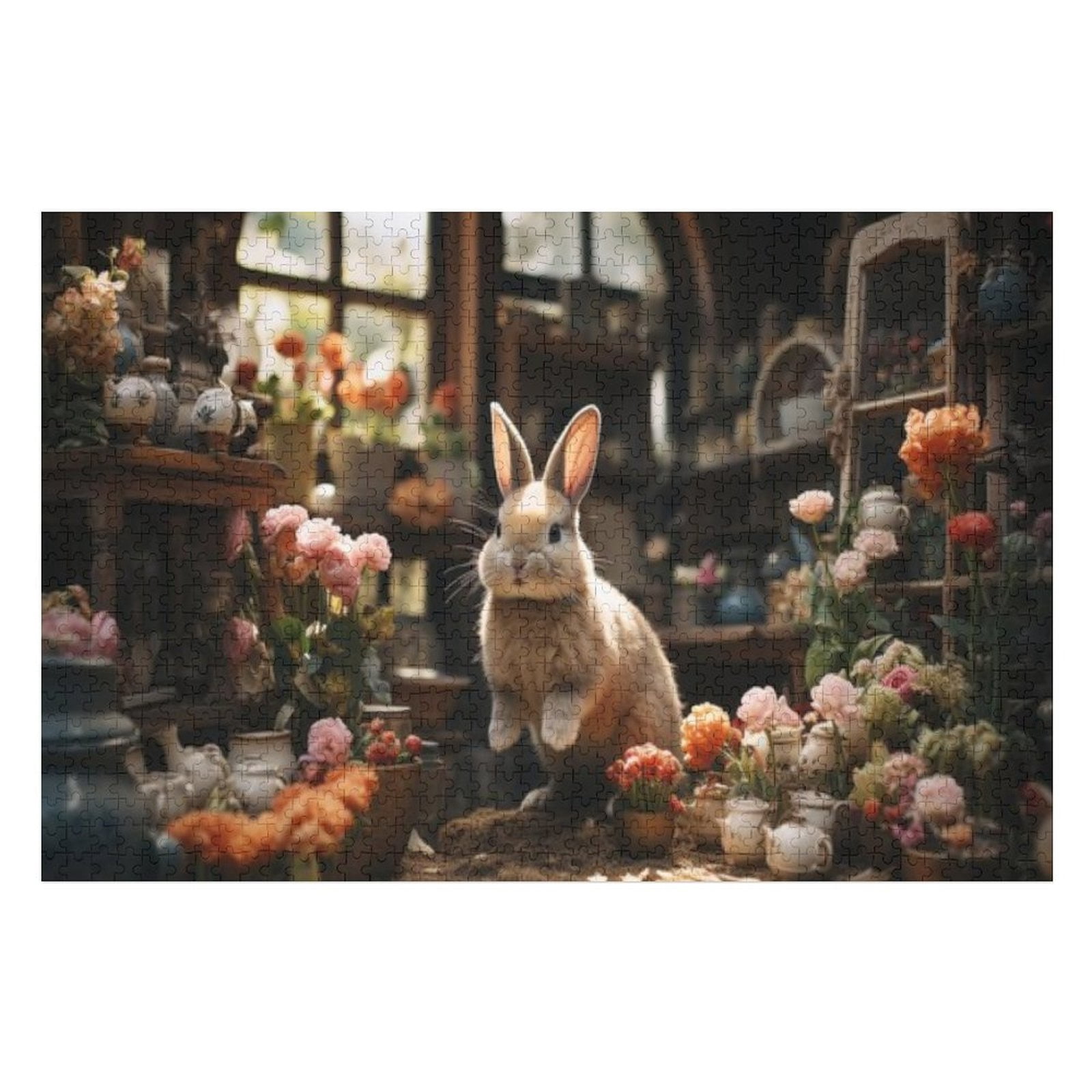 Puzzles for Adults 500 Pieces - Cute Rabbit Sits Indoors Surrounded By ...