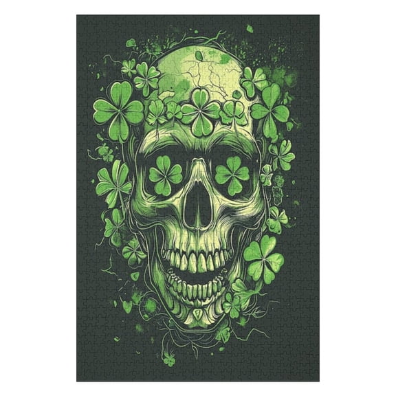 Puzzles for Adults 500 Pieces - Green Skull Skull Are Surrounded By Clovers Funny Puzzles Educational Games Gift for Birthday Christmas Halloween