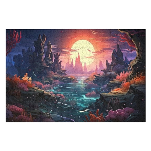 Puzzles for Adults 500 Pieces - Marine Landscape Cartoon Style With Sunset Funny Puzzle - Unique Brain Teaser, for Puzzle Enthusiasts