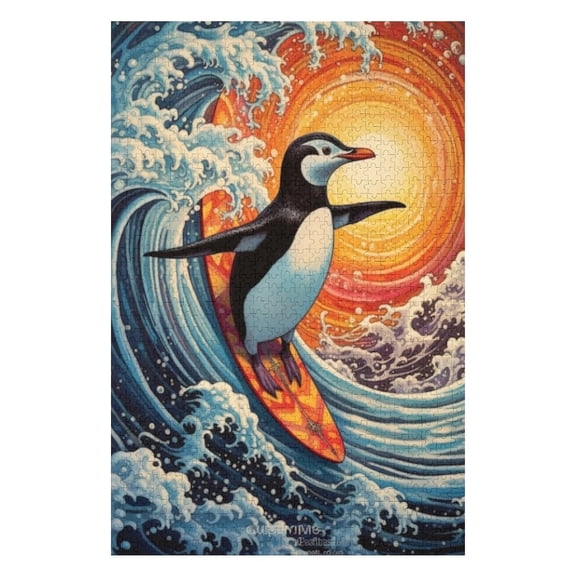 Puzzles for Adults 500 Pieces - Penguin Surfboard Riding Wave Funny Puzzles Educational Games Gift for Birthday Christmas Halloween