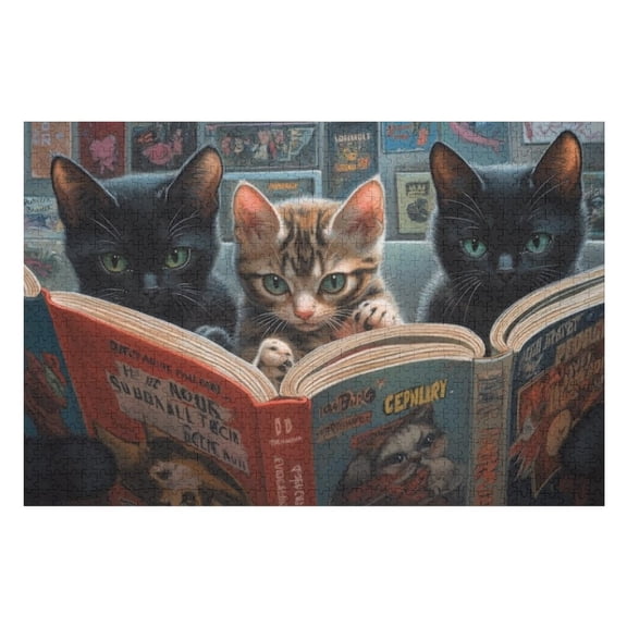 Puzzles for Adults 500 Pieces - Three Cats Reading Book Funny Puzzles Educational Games Gift for Birthday Christmas Halloween