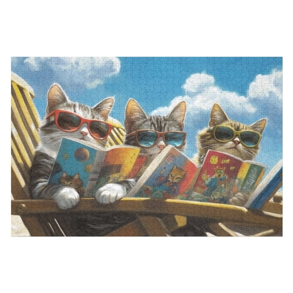 Puzzles for Adults 500 Pieces - Three Cats Sitting Beach Chair Reading Books Funny Challenging Puzzle Perfect for Game Nights