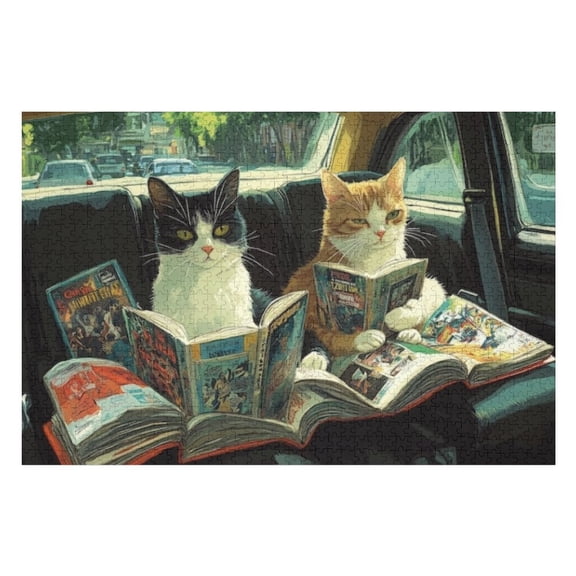 Puzzles for Adults 500 Pieces - Two Cats Sitting Back Car Reading Books Funny Challenging Puzzle Brain Teaser Activity Perfect for Game Nights