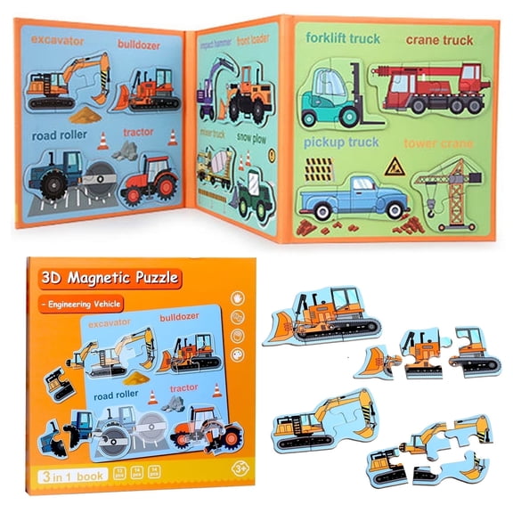 3D Puzzles for Toddlers 3-5, Travel Puzzles for Kids Ages 1-3, Engineering Vehicle Wooden Jigsaw Puzzles Book for Kids 2-4 Learning Gift for Road Trip