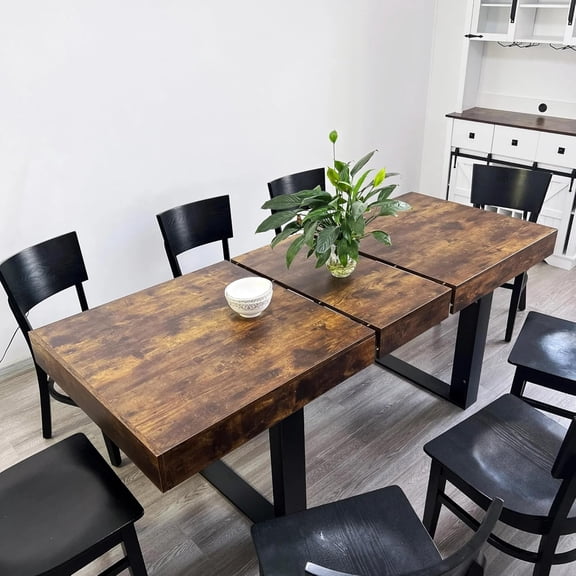 Pvillez 63"-79" Extendable Dining Room Table for 6 8 10,Modern Farmhouse Wood Transformer Kitchen Dining Table with Sturdy Pedestal Base,Large Expandable Conference Table for Home Office(Brown+Black)