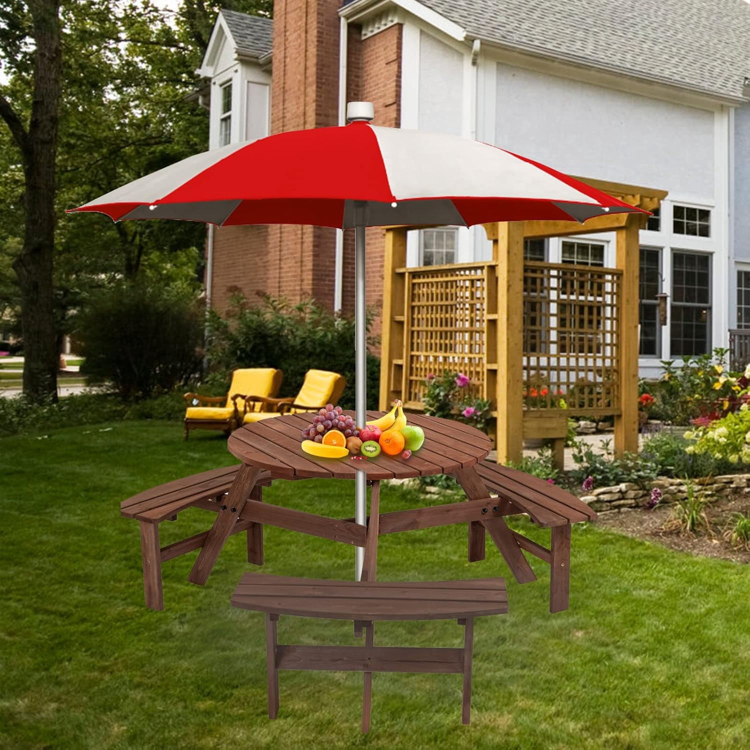 Pvillez Wood Picnic Table, Outdoor Dining Table with Built-in Benches ...