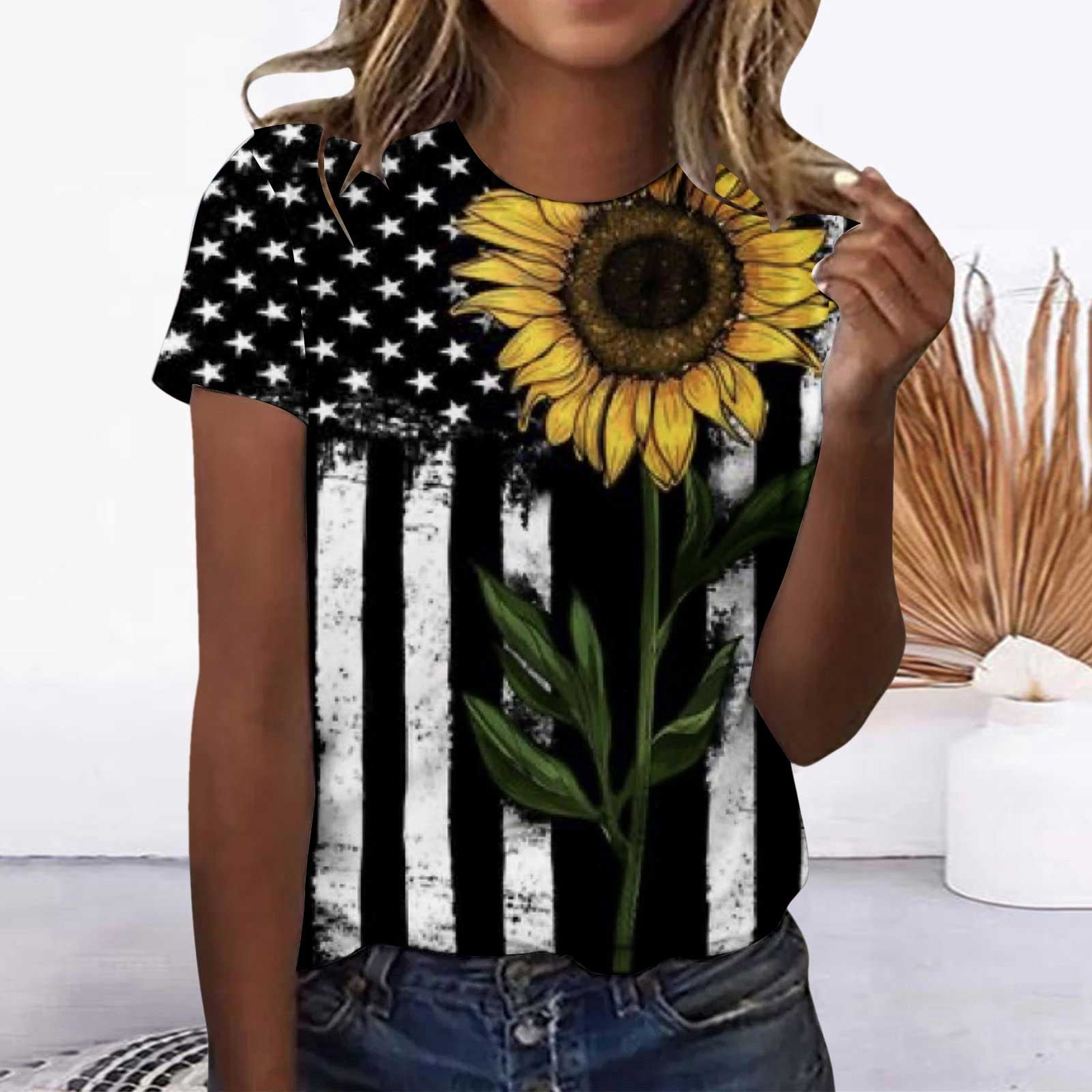 Pvkarhg American Flag Short Sleeve T-Shirts for Women Sunflower Print ...