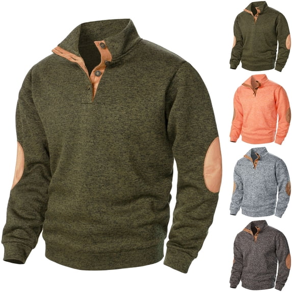 Pvkarhg Button Henley Sweatshirt for Men Color Block Elbow Patch Long Sleeve Sweatshirts Dressy Casual Stand Collar Pullover Tops Fall Outfits CoffeeM