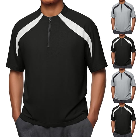 Pvkarhg Men's 1/4 Zip Workout T-Shirt Trendy Color Block Short Sleeve Shirts Crew Neck Quick Dry Sports Tees Breathable Outdoor Gym Tops Black 4XL