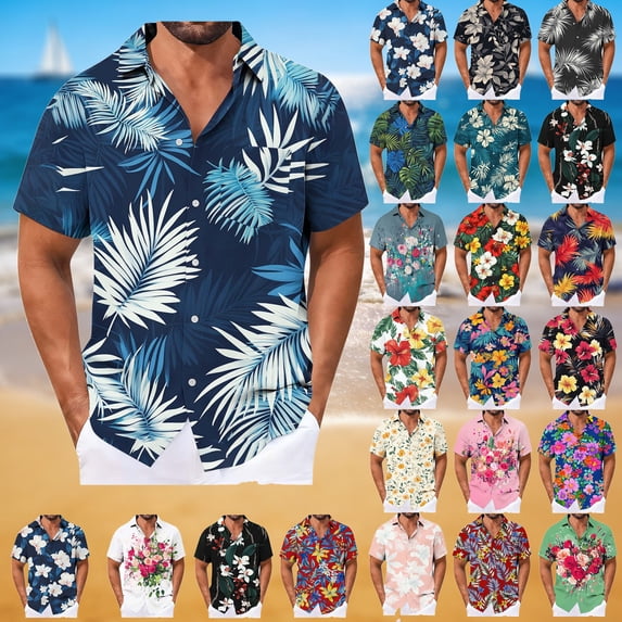 Pvkarhg Men's Hawaiian Short Sleeve Button Down Shirts Loose Casual Tropical Floral Print Shirt Big and Tall Summer Beach Vacation Shirt Multicolor S
