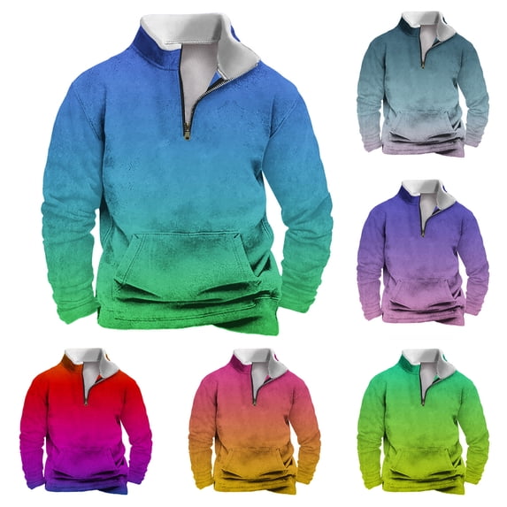 Pvkarhg Mens Quarter Zip Sweatshirts Fashion Gradient Stand Collar Sweatshirt Loose Casual Long Sleeve Pullover Tops with Pockets YellowM
