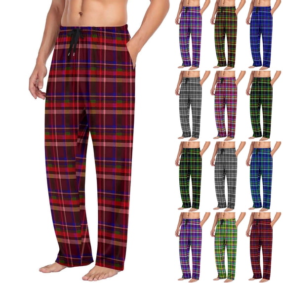 Pvkarhg Plaid Sleep Pants for Men Soft Casual Elastic Waist Drawstring Pajama Pant Loose Casual Straight Leg Home Trousers with Pockets Green L