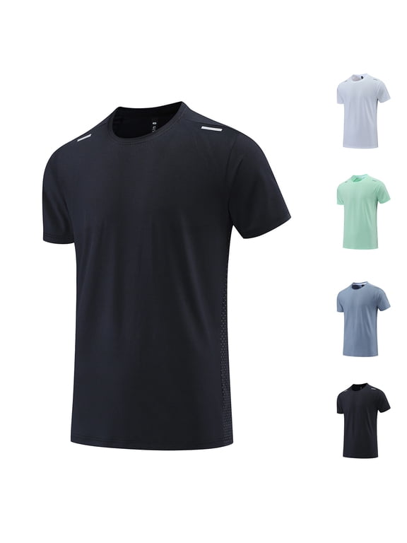 Quick Dry Athletic T-Shirts for Men Summer Crew Neck Tshirts with Reflective Stripe Short Sleeve Moisture Wicking Tees Breathable Running Tops Black M