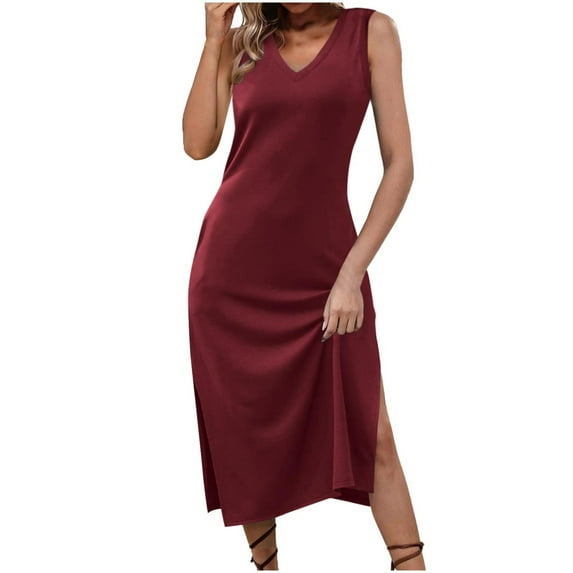 Pvkarhg Summer Dresses for Women Solid Color V Neck Tank Dress Sleeveless Side Split Casual Midi Dress Slim Fit Beach Party Dress