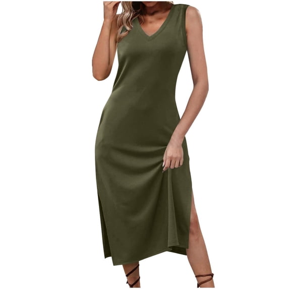 Pvkarhg Summer Dresses for Women Solid Color V Neck Tank Dress Sleeveless Side Split Casual Midi Dress Slim Fit Beach Party Dress