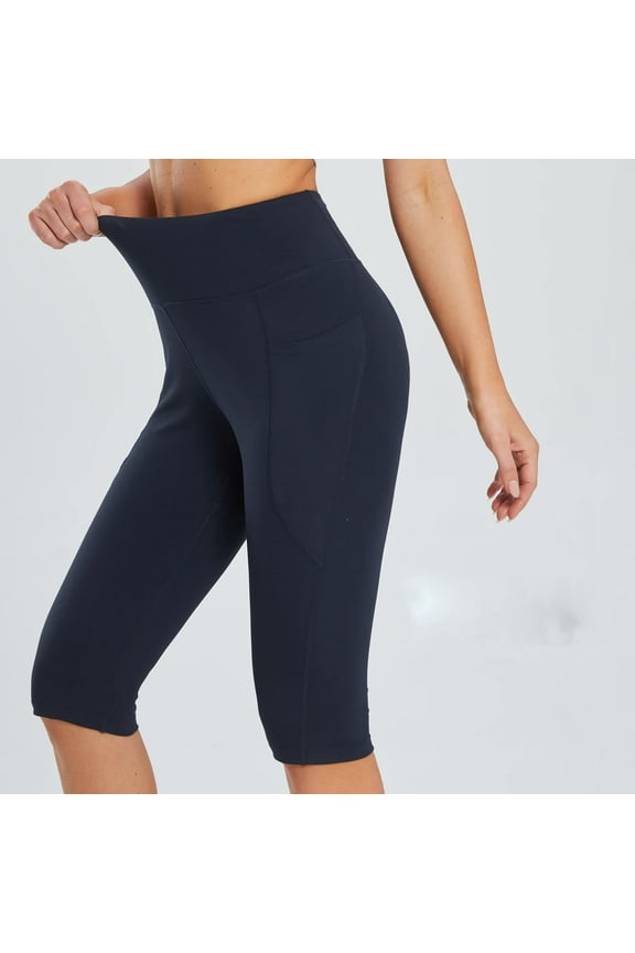Women's Capris with Pockets Knee Length Capri Leggings Elastic High Waisted Stretch Pant Casual Summer Yoga Workout Exercise Trousers