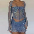 thumbnail image 1 of Pvkarhg Womens Crochet Sequin 2 Piece Outfits Fashion Long Sleeve Crop Tops and Mini Dresses Y2k Sparkle Dress Sexy Swimsuits Outfits, 1 of 5