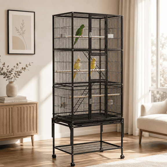 Pvpy Yvrd 69"H Large Bird Cage with Dust Cover, Birdcages with Rolling Wheels, Metal Bird Cages for All Parrot Cage Birdcage, with 3 Perches & 4 Feeders & Extra Storage Shelf & Dust Cover,Black