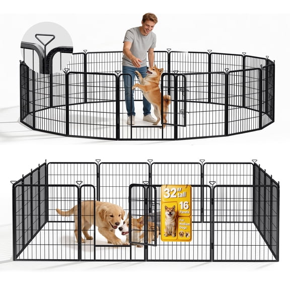 Pvpy Yvrd Portable Dog Playpen for Outdoor,32" High 16 Panels Dog Fence with Gate,Pet Fence for Large/Small Dogs,Dog Fence for RV Camping,Yard,Black Silver